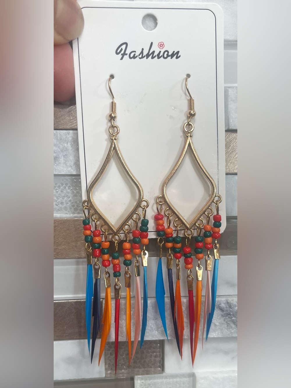 Gold Teardrop Earrings with Multicolor Beads & Feathers